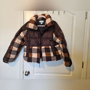 Brown and Cream Plaid Puffer Jacket